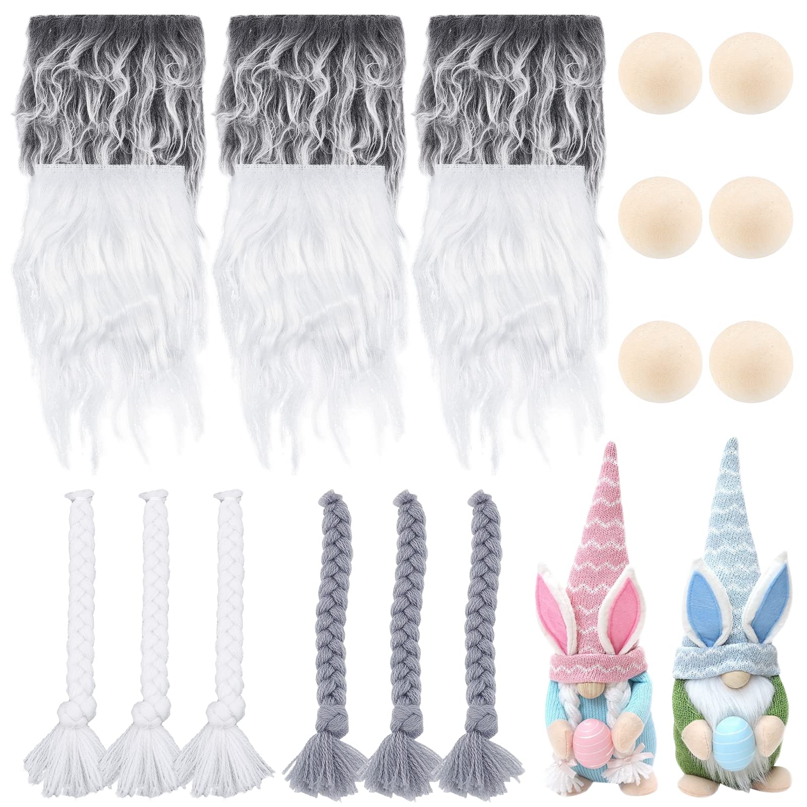 GORGECRAFT 18 Pieces Gnome Beard Unfinished Wooden Balls Braids Dwarf Beard Kit Faux Fur Beard Hair Set for DIY Handmade Gnome Sewing Craft Patches Dolls Valentine's Day Easter Christmas, Grey+White