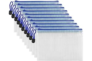 AUSTARK 10 Pcs Zipper File Bags, Waterproof Plastic Mesh Pouch for Office School, Board Game Storage Bags (B6 Size 7.6''x5.3'', White and Blue)