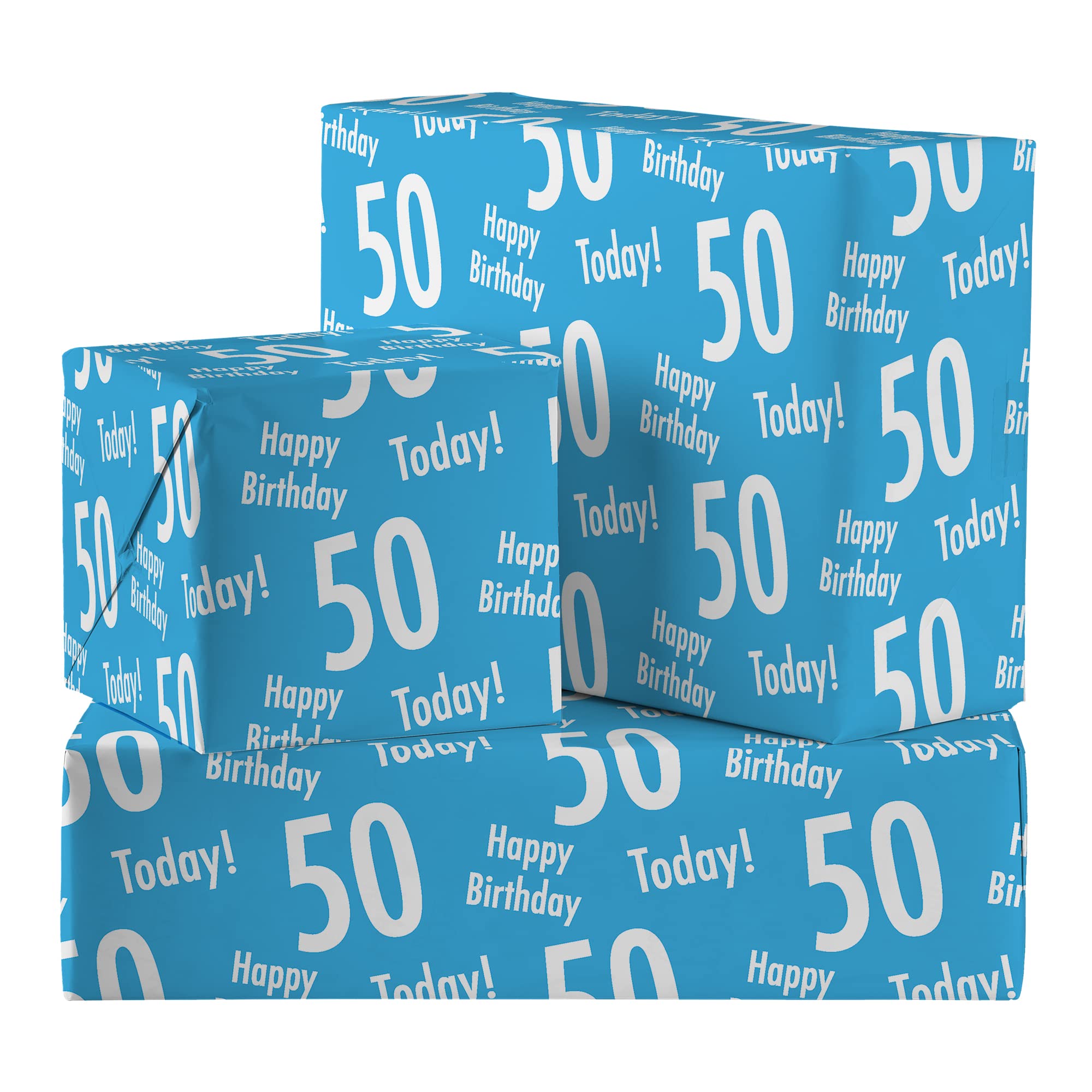 Hunts England - 2 Sheets Of 50th Birthday Blue Luxury Wrapping Paper For Him - Includes 2 Gift Tags - Age 50 Male Folded Gift Wrap - Urban Colour Collection - Age Fifty Gift Wrap For Men