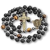 Lava Stone Black Rosary Beads for Men, Catholic Rosary Necklace with Saint Medal & Cross, Yellow Tiger Eye Beads Strong Rosary Cross Necklace in Portable Gift Box