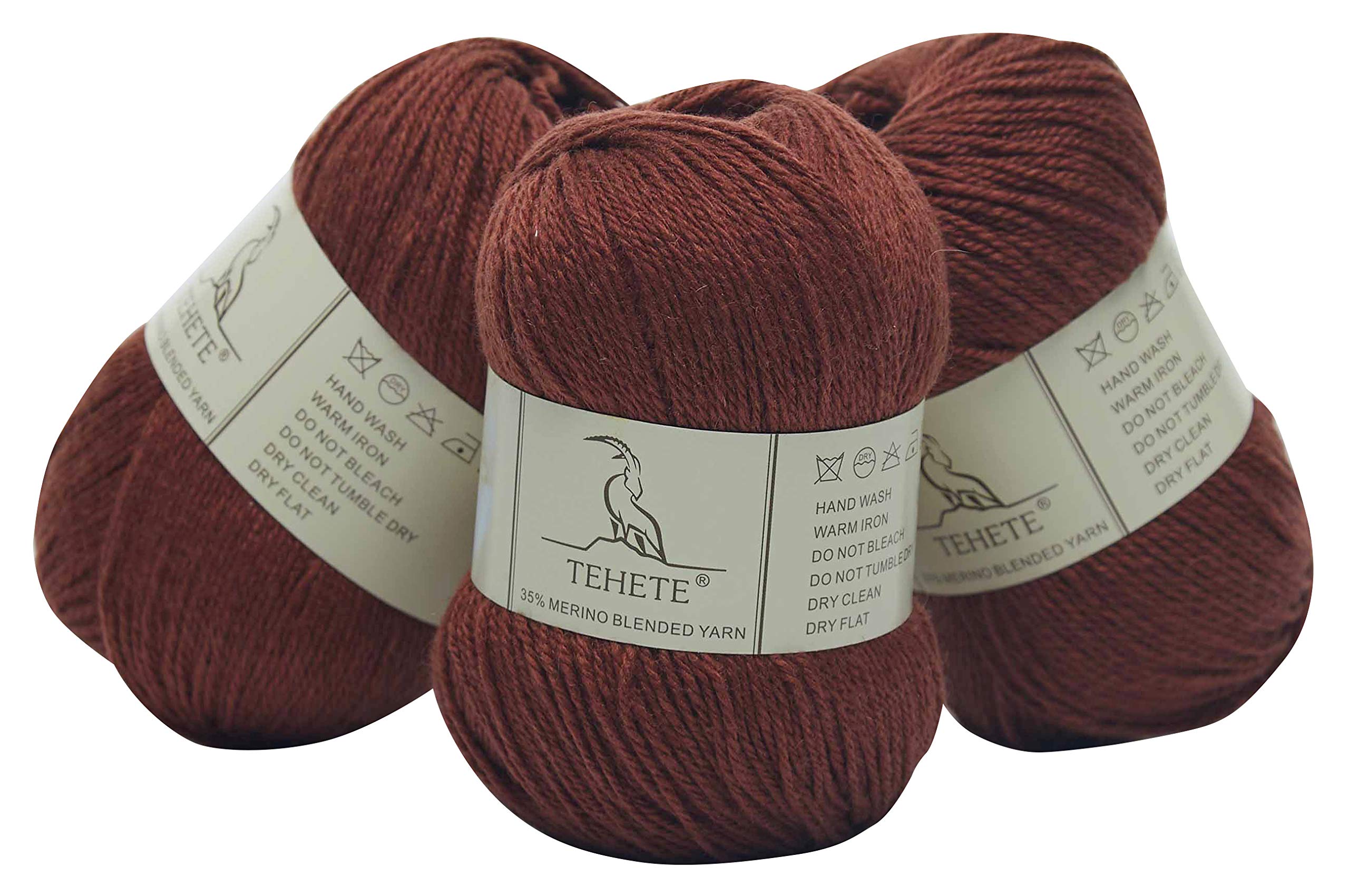 TEHETE Merino Wool Yarn for Knitting and Crochet Yarn 3ply 50g × 3 Balls soft and warm - Caramel Brown