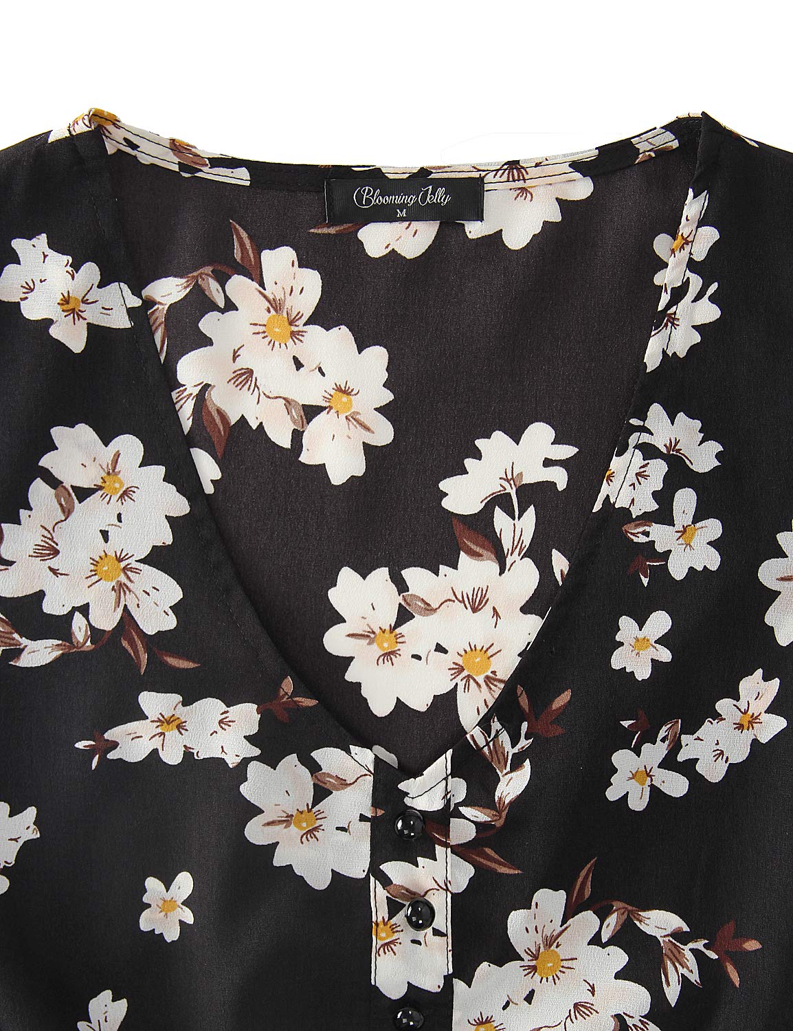 Blooming Jelly Ladies Boho Chiffon Dress V Neck Bottun Down Summer Beach Mini Dresses for Women Black,S