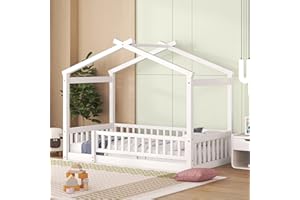 MERITLINE Twin House Bed for Kids Twin Montessori Floor Bed Frame with Rails and Roof, No Box Spring Needed, for Kids Teens Girls Boys (Twin Size, White)