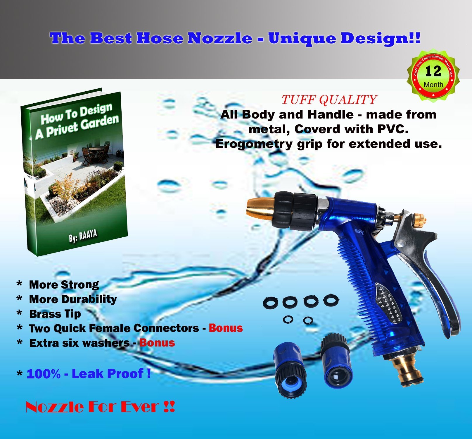 RAAYA GARDEN HOSE NOZZLE Heavy-Duty High-Pressure Flow Control - Equipped with Quick Connectors / Rubber Washer - Convenient Garden Watering and Car Washing – Maximum Satisfaction