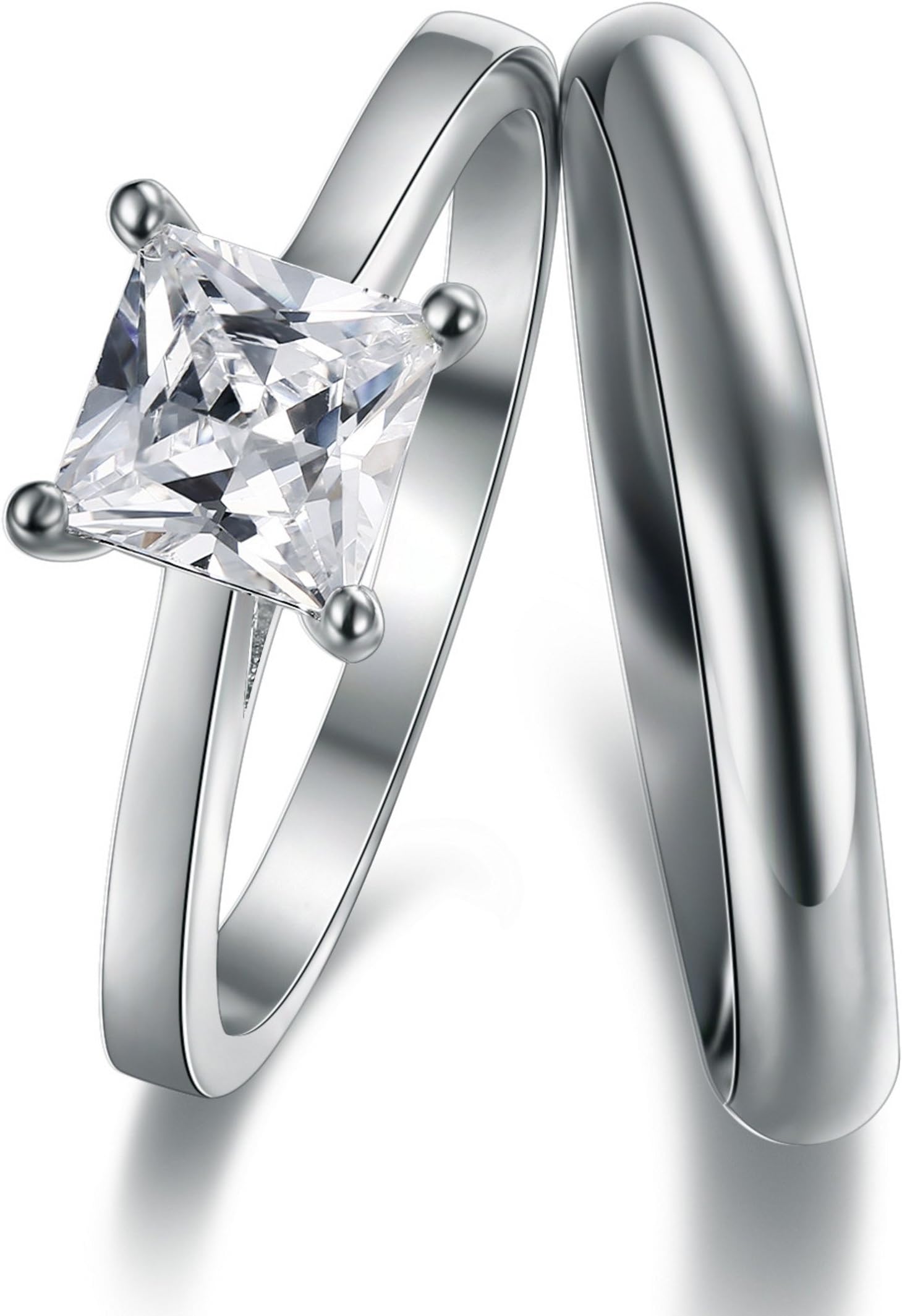 Classic Princess Cut Solitaire Engagement Ring With 3mm D-Shape Heavy Silver Wedding Band Ring In Sizes Complete With Gift Ring Box