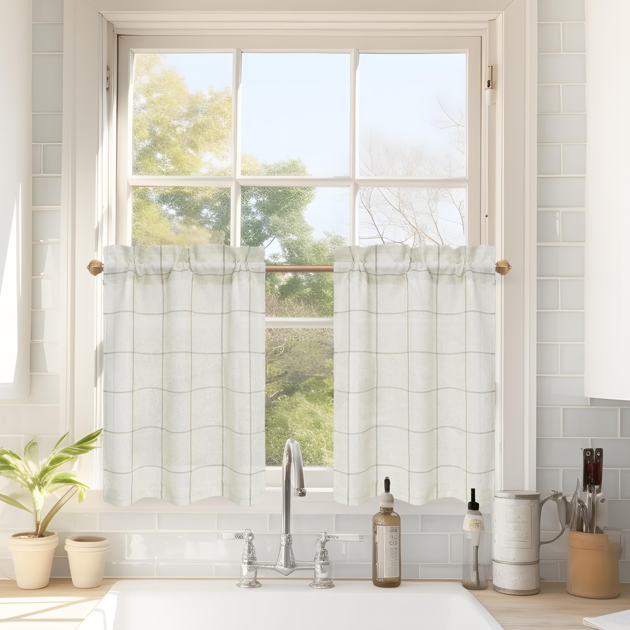 Photo 1 of DriftAway Kitchen Curtains Striped Tier Linen Short Curtains Windowpane Plaid Cafe 24 Inch Length for Living Room Bathroom Chris Farmhouse Rustic Rod Pocket 2 Panels Taupe