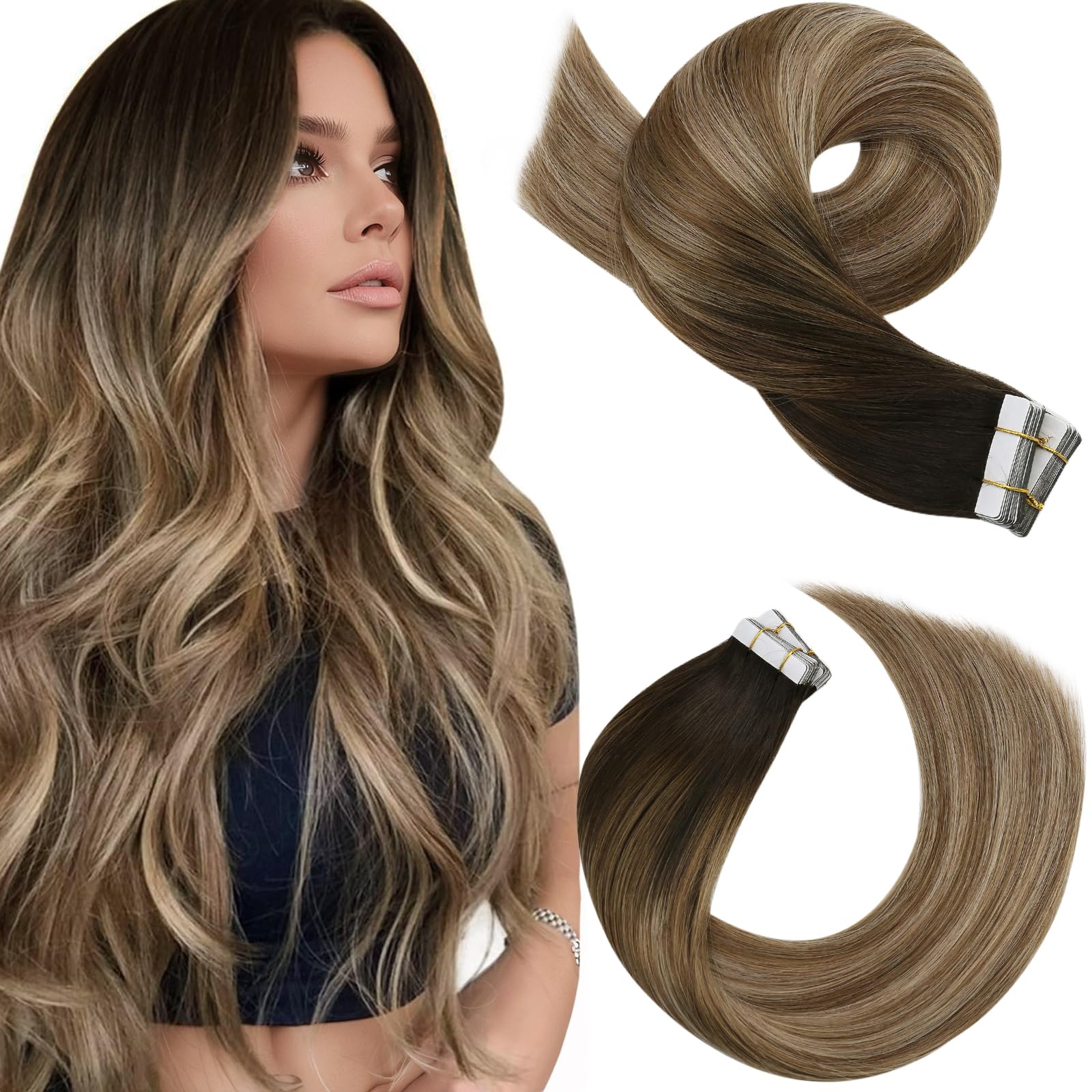 Moresoo Tape in Extensions Human Hair Highlighted Brown Hair Extensions Tape in 22 Inch Dark Brown Root Ombre to Light Brown with Dark Honey Blonde Tape in Hair Extensions Real 20 Pieces/50g #4/10/16 — image 1