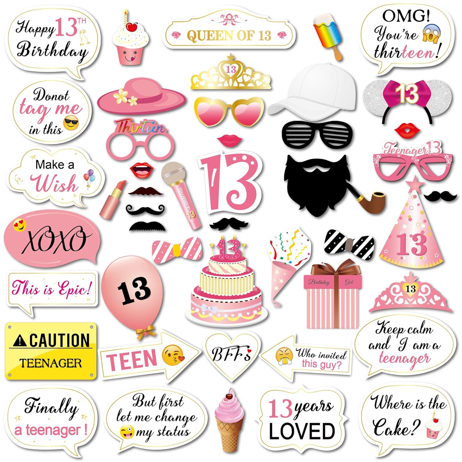 Howaf 48Pcs 13 Anni Compleanno Photo Booth foto Props Accessori decorazione fai da te occhiali Maschere Photo Booth Puntelli per 13 /&deg; festa di compleanno