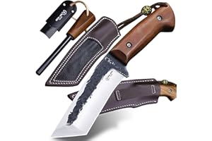 BA-KOR Yellow pear wood handle 5mm 9CR18MOV steel (9.8IN) full Tang forged fixed knife + sheath & (5.9IN) iron ceric igniter, suitable for outdoor camping, tactical survival, EDC, hunting knife