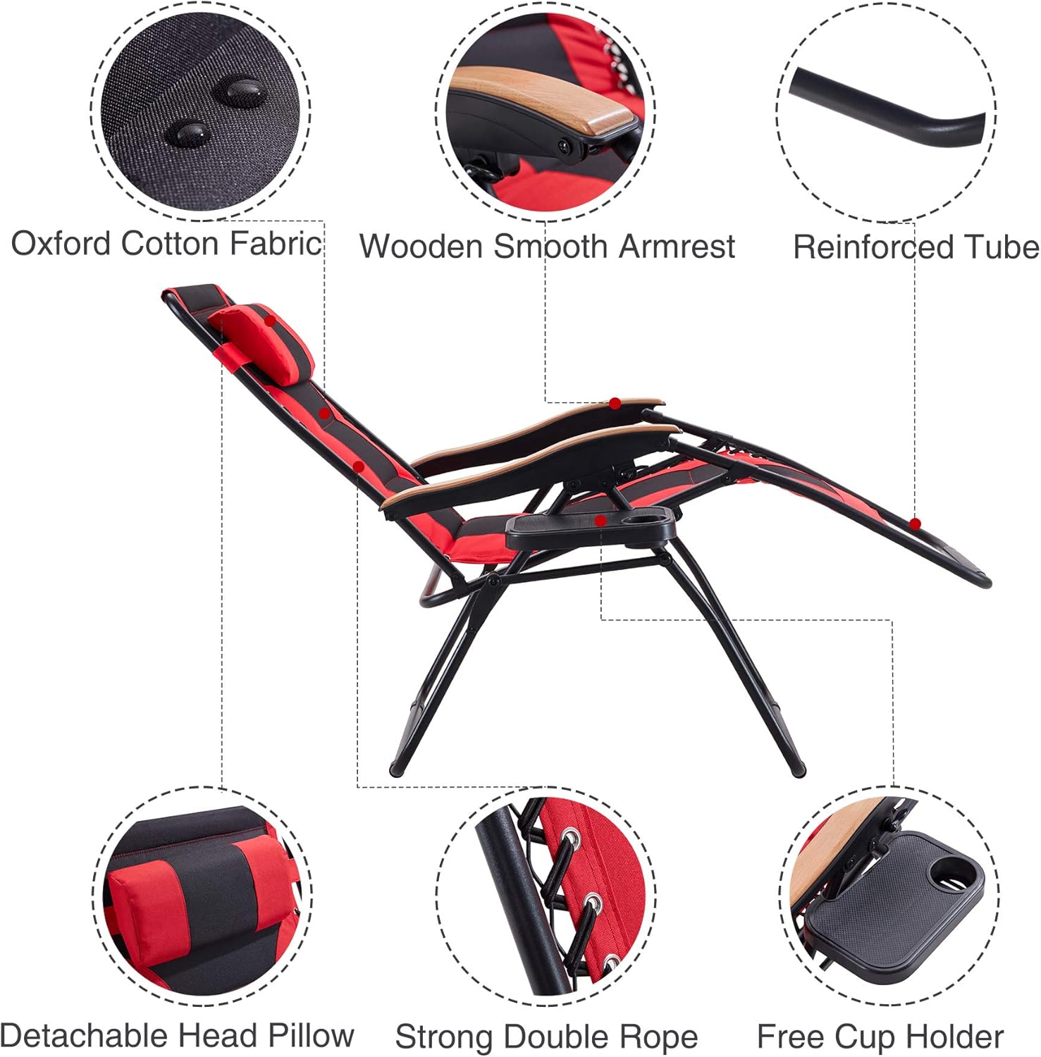 Oversize Padded Zero Gravity Chair Patio Lounge Chair with Cup Holder for Outdoor Beach Pool, Red : Garden & Outdoor