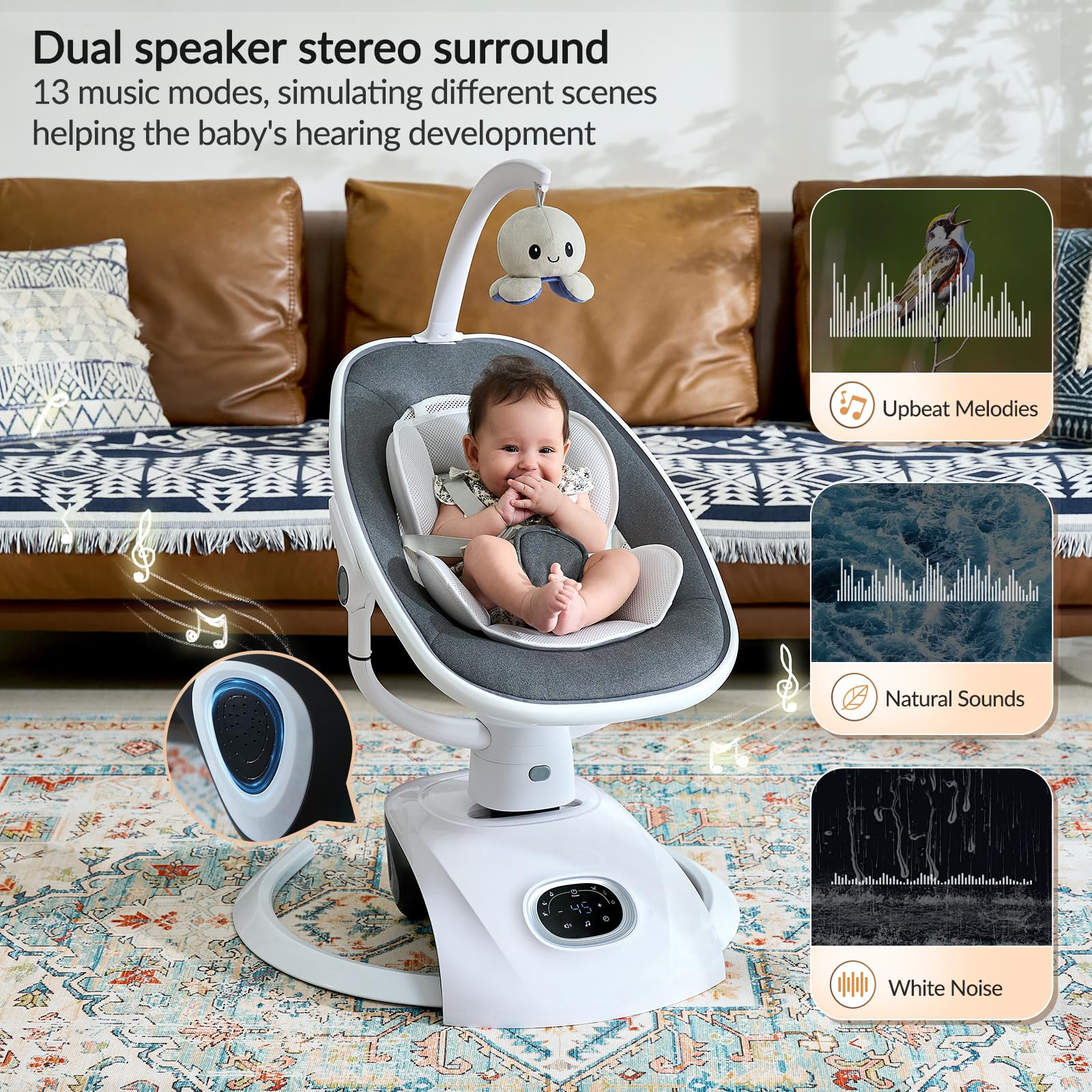 VaVaSoo Electric Baby Swing for Infants 6 Motion Automatic Newborn Baby Rockers for Girl & Boy with Remote Control, 5 Speed, 13 Melodies, Light Gray