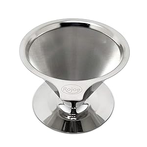 ROJOE Paperless Pour Over Coffee Dripper and Tea Maker, Stainless Steel with a Reusable Drip Cone, Portable Filter from Single Serve to 4 Cup Brewer