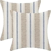 AEIOAE Brown Navy Blue Outdoor Pillow Covers 18 x 18 Inch, Beige Polka Dots Stripe Decor Throw Pillows for Couch Bed, Boho Modern Farmhouse Decorative Pillowcase Linen Cushion Cover Set of 2