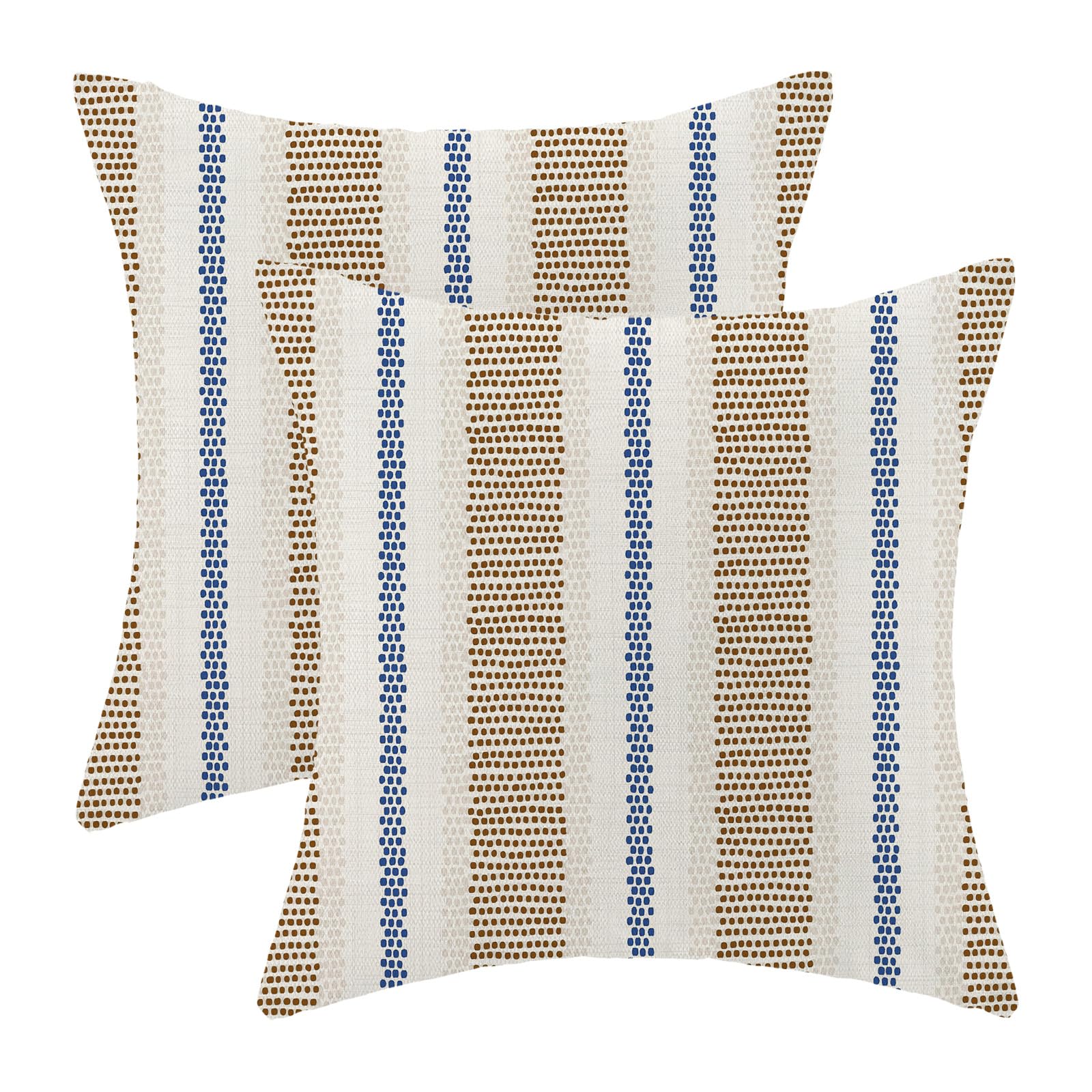 Photo 1 of AEIOAE Brown Navy Blue Outdoor Pillow Covers 16 x 16 Inch, Beige Polka Dots Stripe Decor Throw Pillows for Couch Bed, Boho Modern Farmhouse Decorative Pillowcase Linen Cushion Cover Set of 2