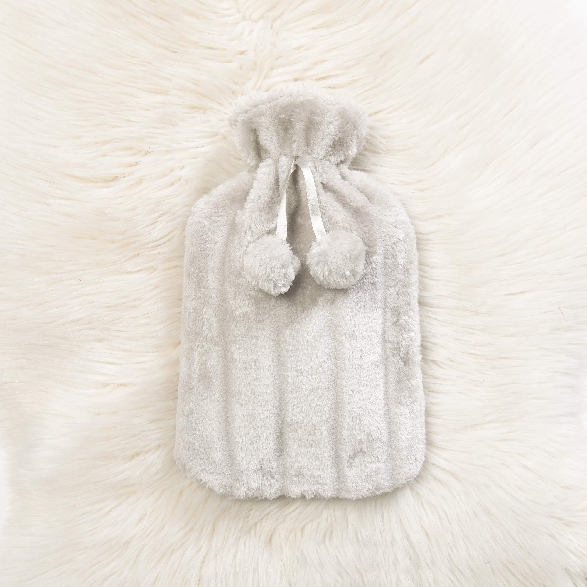Zimel Homes- Premium Soft Fleece Faux Cover with Hot Water Bottle-2litre -Easily Removable Cover- Hot Water Bag for Pain Relief, Neck and Shoulders, Feet Warmer (Faux Fur Light Silver)