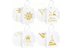Wesnoy 48 Pcs Christmas Gift Bags Bulk 10 x 8 x 4 Inch White Gold Metallic Goodies Bags Reusable Non Woven Christmas Party Favors Candy Treat Totes with Handle for Holiday Gift Birthday Party Supplies