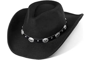 MEALAH Women & Men Felt Western Cowboy Hat Classic Roll Up Brim Belt Buckle Cowgirl Fedora (M)
