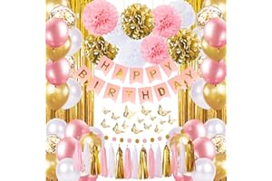 PUGKLOY Pink and Gold Birthday Party Decorations for Women with Happy Birthday Banner,Curtains, Butterfly Wall,Circle Dots Garland,Tissue Pompoms,Paper Tassels Garland for Her