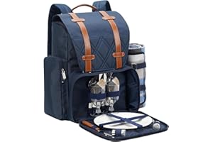 WICKERLAND Picnic Backpack for 2 Person with Large Insulated Cooler Bag, Picnic Basket Set with Wine Pouch, Waterproof Picnic Blanket & Cutlery Set. Perfect for, Camping, Party,Wedding Gift for Couple,Blue
