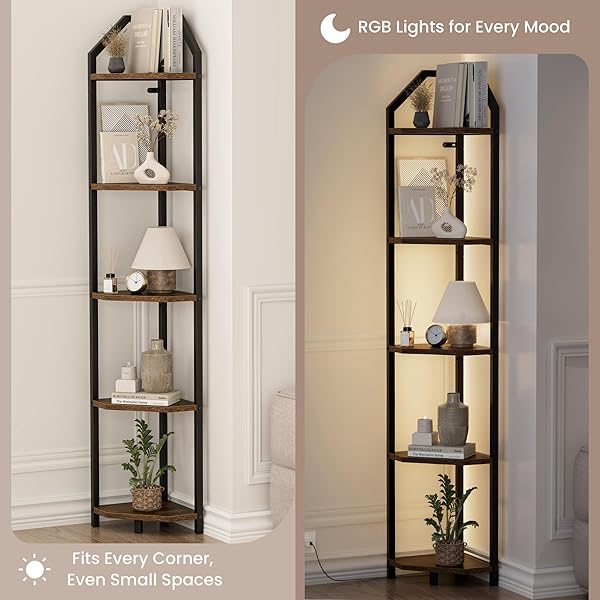 REALGULF 70 INCH CORNER SHELF WITH LED LIGHTS, 5-TIER CORNER BOOKSHELF FOR SMALL SPACES, WOOD & METAL STORAGE RACK FOR BEDROOM, LIVING ROOM, OFFICE – MODERN SPACE SAVING DESIGN- BROWN