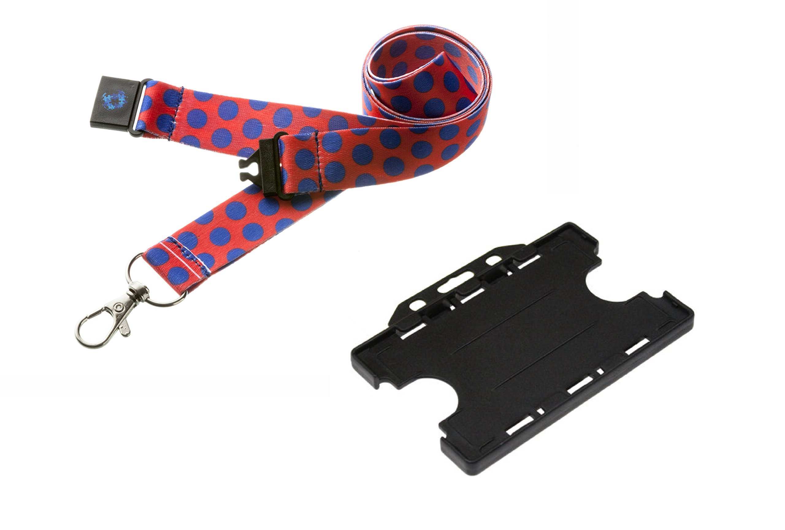 Funky Polka Dot Lanyard with Safety Breakaway and Horizontal Double Card Holder (Red with Blue Spots)