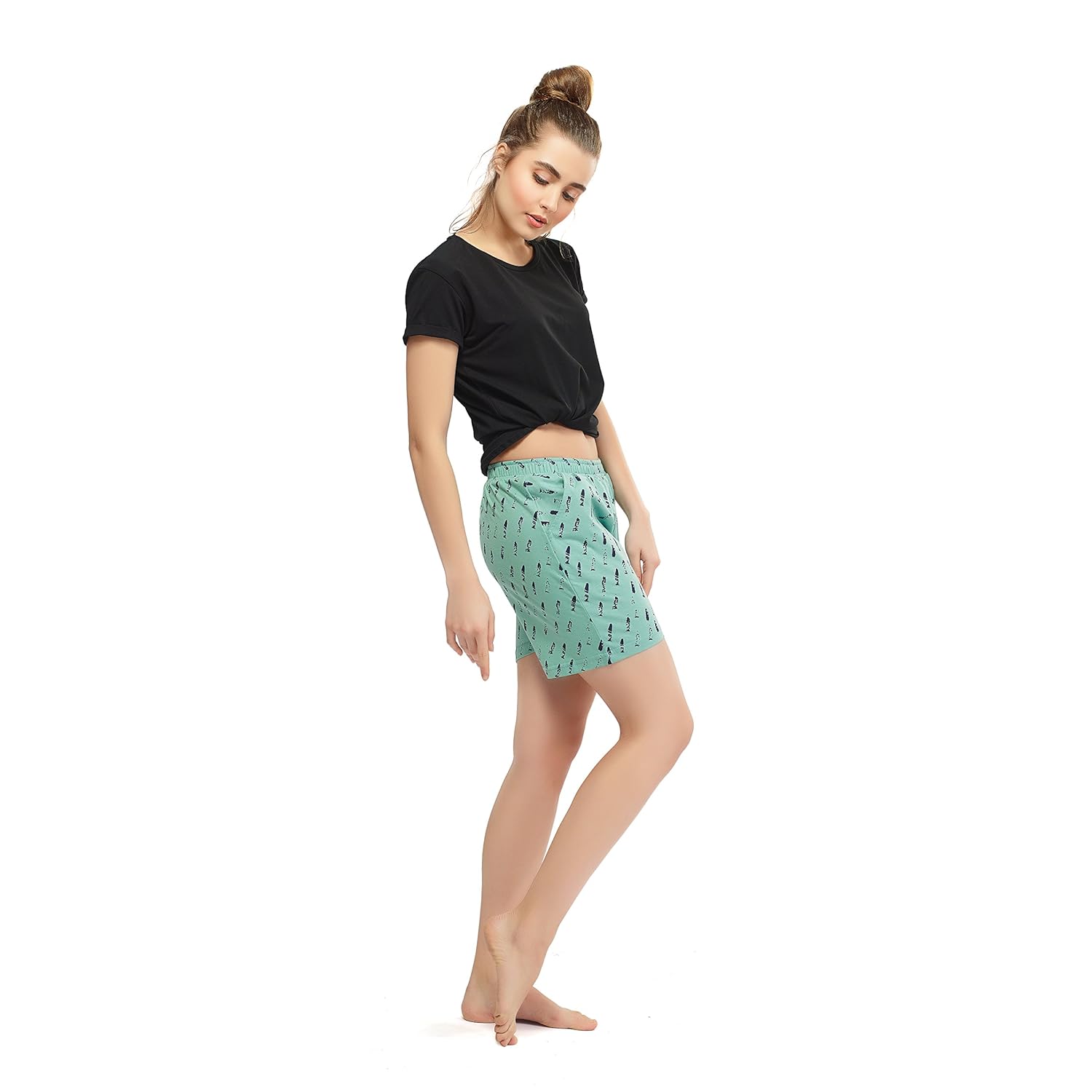 zeyo women's cotton pastel green bermuda printed shorts