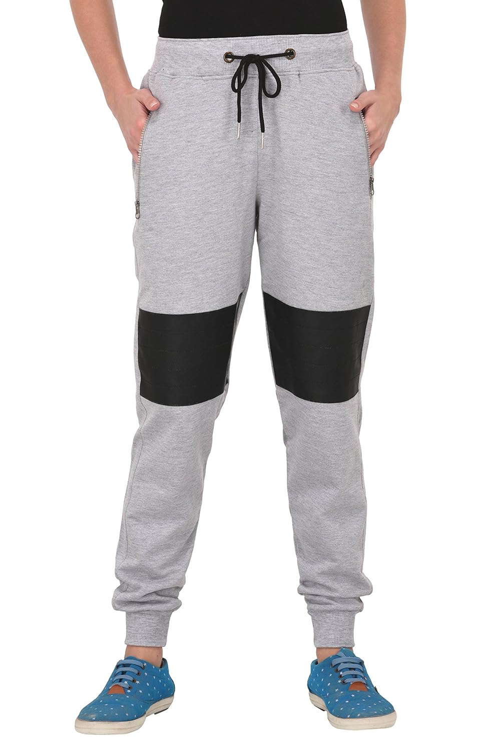 thread swag women's biker style cotton track pant with leather patch