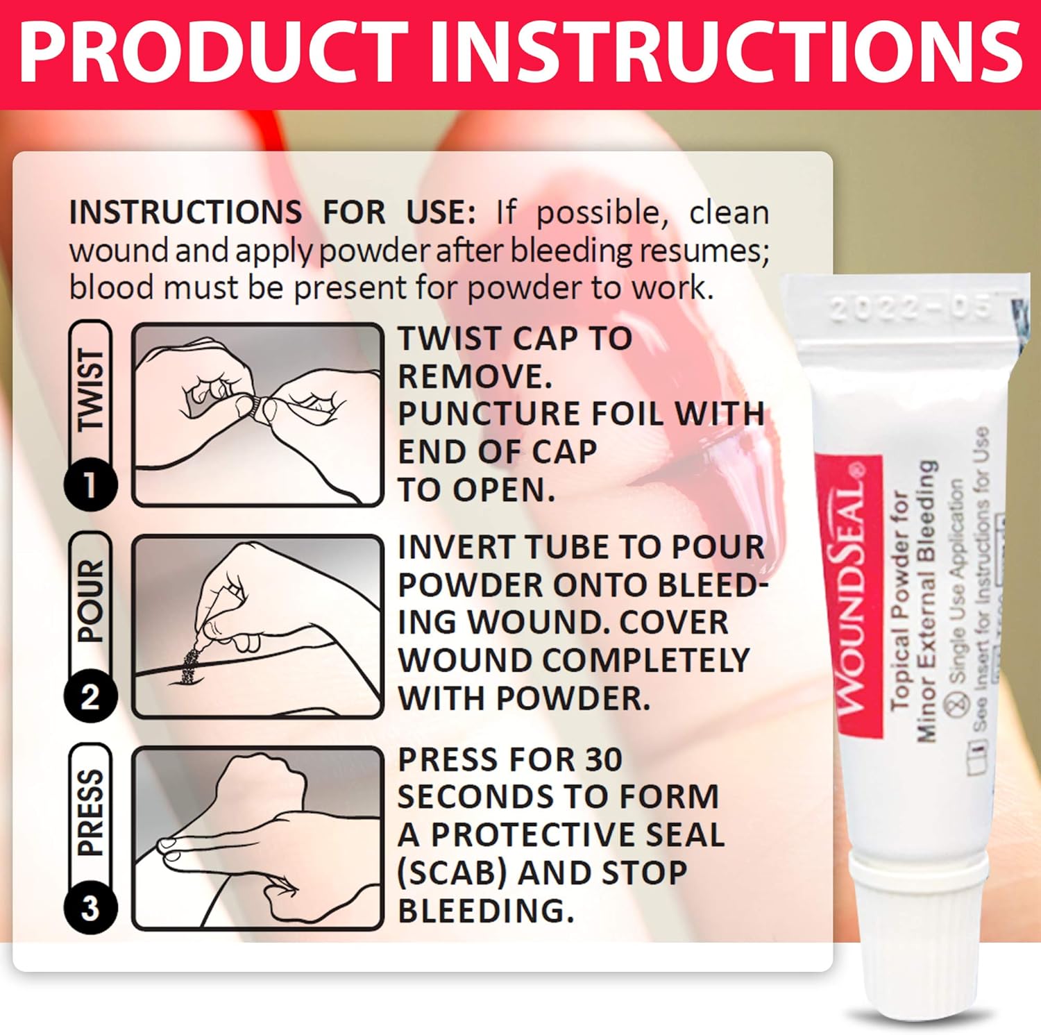 WoundSeal Topical Powder Wound Care First Aid for Cuts, Scrapes and Abrasions Single Use, 4 count (Packaging May Vary): Health & Personal Care