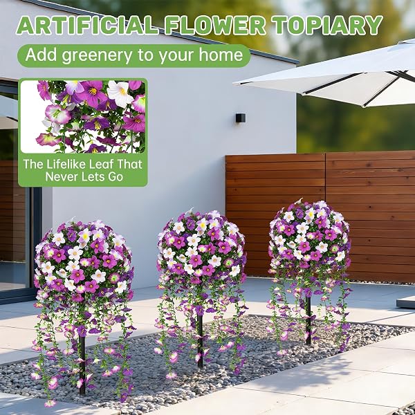 GROOY ARTIFICIAL PLANTS FLOWERS TOPIARY BALL FOR OUTDOOR, 2 PACK FAKE PURPLE SILK MORNING GLORY PLANT BUSHES, UV RESISTANT REALISTIC PLANTS SHURBS FOR OUTSIDE,FRONT PORCH,PATIO,YARD