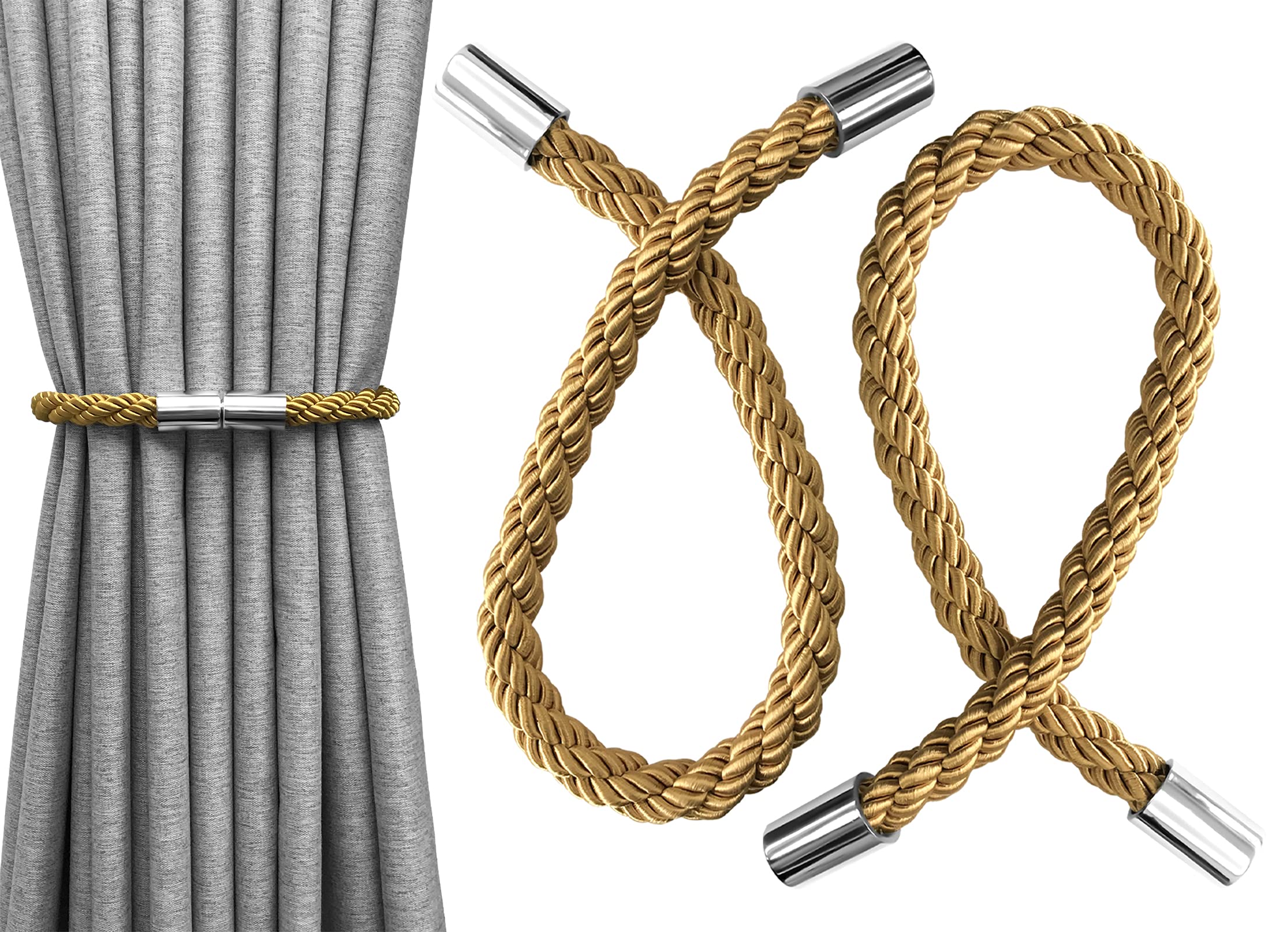 Aocar Magnetic Curtain Tiebacks, Handmade Curtain Rope, Drapery Buckle (Gold)