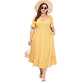 ShopWonder Womens Plus Size Square Neck Floral Print Summer Dress Ruffle Short Sleeve Tie Front Slit Hem Boho Maxi Dress
