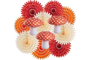 Homarkable Mushroom Paper Lanterns Paper Fans, Mushroom Party Decorations, with 3 Mushroom Lanterns 12 Inches, Red Orange Folding Fans, Honeycomb Party Decorations for Nursery Garden Forest Party