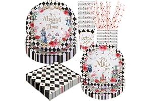 Alice in Wonderland Birthday Party Decorations, 120Pcs Tea Themed Party Supplies Tableware Includes Paper Plates, Napkins, Cu