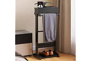 RELAHOGAR Wooden Valet Stand for Men, Clothing Valet Stand with Tray Organizer, shoe shelf and Hanging Suit, Freestanding Portable Coat Rack for Entryway, Bedroom, Office