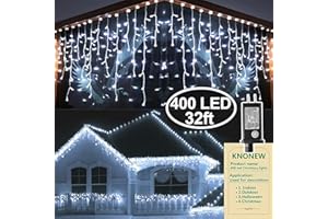 KNONEW Christmas Lights Outdoor Decorations 400 LED 33ft 8 Modes Curtain Fairy String Light with 75 Drops, Clear Wire LED String Light Decor for Wedding Party Holiday Christmas Decorations(Cool White)