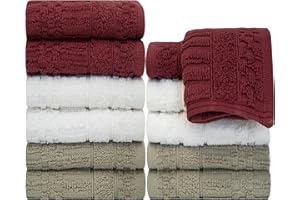 PH Pleasant Home Diamond Wash Cloths Set - 12 Pack (12” x 12”) – 509 GSM - 100% Ring Spun Cotton Wash Cloth - Super Soft and Highly Absorbent Face Towels (Maroon, White & Tan)