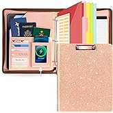 Leather Clipboard with Storage, Zippered Padfolio Portfolio Organizer, 3 Ring Binder 1 Inch, Notepad, Tablet Sleeve, 5 Dividers with Pocket, Stickets for Office, Nurses, Students, Teachers Rose Gold