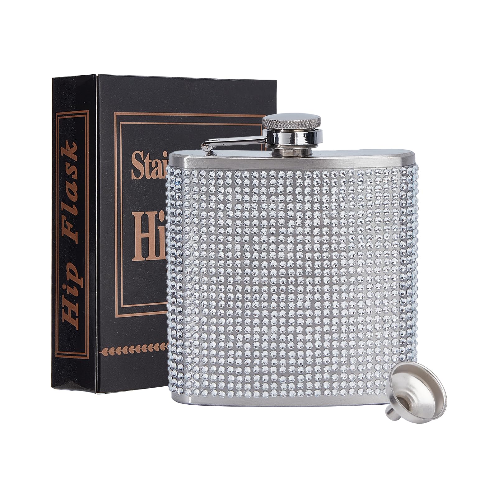 NICENEEDED Bling Flask for Women, Rhinestone Hip Flasks for Liquor, 6oz Glitter Stainless Steel Flasks with Funnel Leakproof Hip Flasks for Wine Whiskey Liquor Drinking