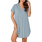 Vrtige Women's Cotton Striped Nightshirt Notch V Neck Short Sleeve Button Down Nightdress Nightgown