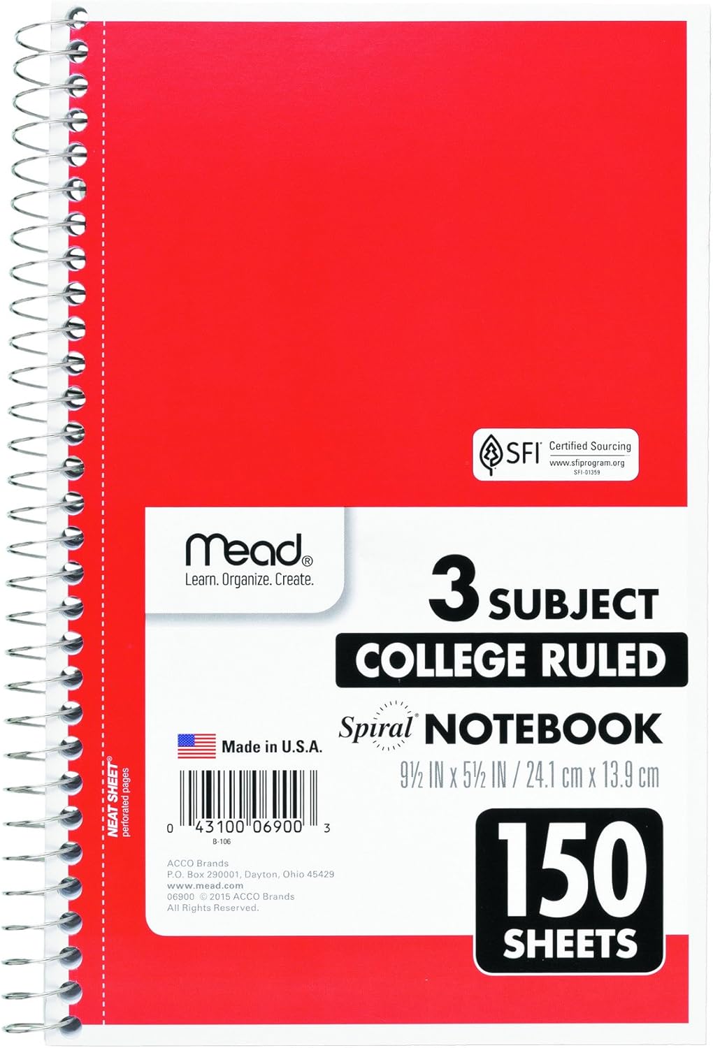 Mead Spiral Notebook, 3 Subject, College Ruled Paper, 150 Sheets, 9-1/2" x 5-1/2", Color Selected For You (06900) : Office Products