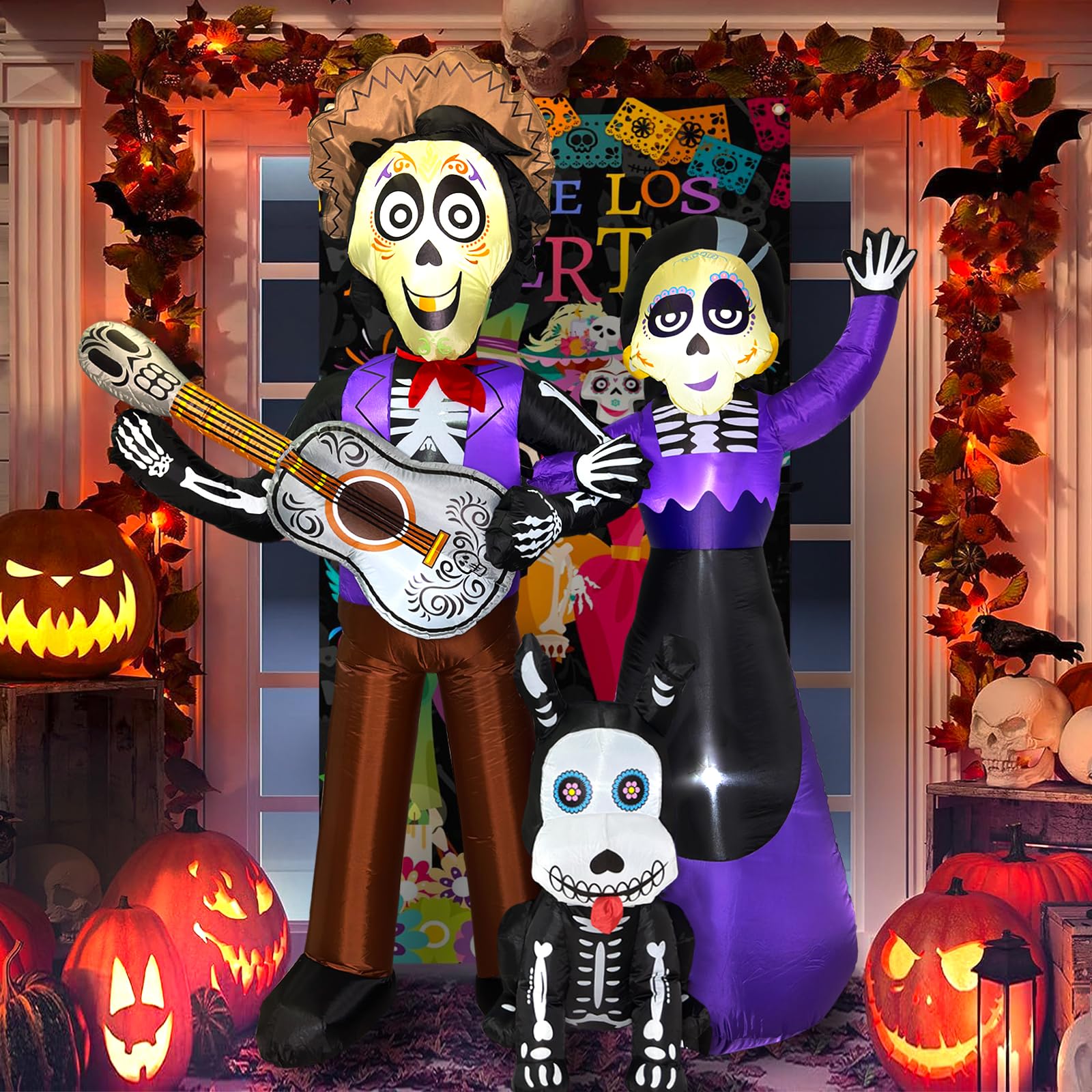 Photo 1 of 6 FT Halloween Inflatables Decoration, Blow Up Yard Decorations, Day of The Dead Spooky Sugar Skull Couple Guitar and Skeleton Dog, Dia De Los Muertos Décor with Built-in LED for Outdoor