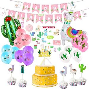 Llama Birthday Party Supplies, Birthday Party Decorations for Girls Kids, Llama Party Decorations with Happy Birthday Banner, Large Llama Cactus Foil Balloons, Cake Topper, Stickers