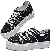 Obtaom Women Platform Canvas Sneakers White Comfort Play Fashion Sneakers Casual Lift Platform Lace Up Shoes Cute Low Top Walking Shoes for Lady