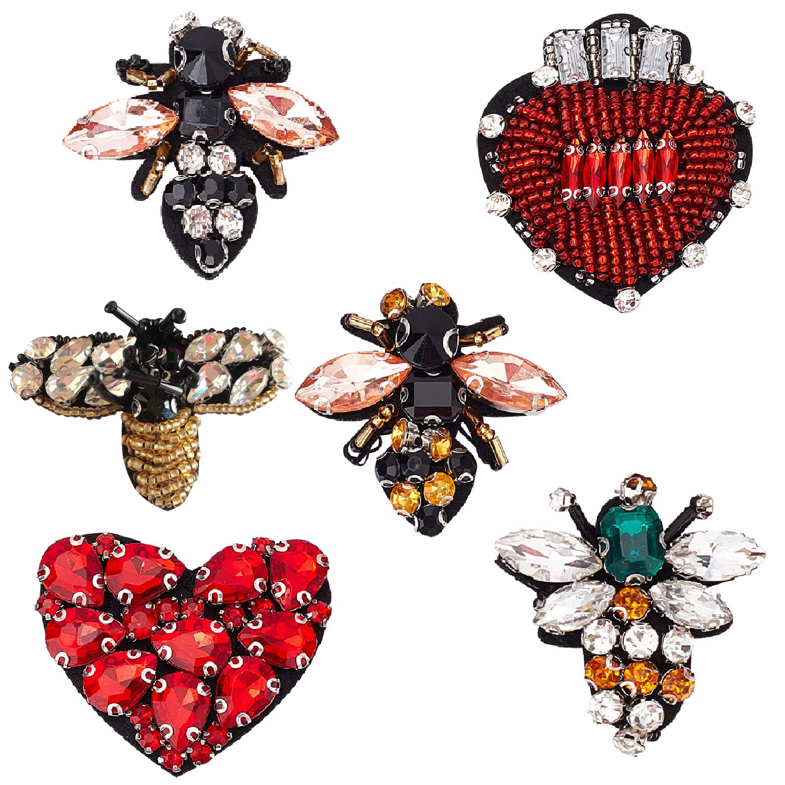 GORGECRAFT 6 Pieces Beaded Rhinestone Patches Heart Bee Shape Crystal Applique Sewing Fabric Patches for Jeans Jackets Clothes Shoes Scrapbooking Handbag DIY Decoration Crafts