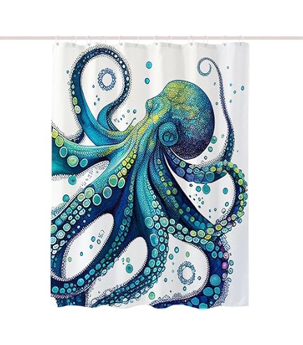 Nautical Octopus Shower Curtain - Waterproof Polyester 72x96 Inches With 12 Hooks, Coastal Bathroom Decor