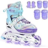 Sportneer 4 Size Adjustable Inline Skates for Girls, Kids Inline Skates Size 12C-9 with Light Up Wheels Roller Blade with Protective Gear Set for Kids Girls Women Beginners Indoor & Outdoor Use