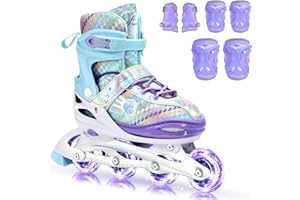 Sportneer 4 Size Adjustable Inline Skates for Girls, Kids Inline Skates Size 12C-9 with Light Up Wheels Roller Blade with Protective Gear Set for Kids Girls Women Beginners Indoor & Outdoor Use