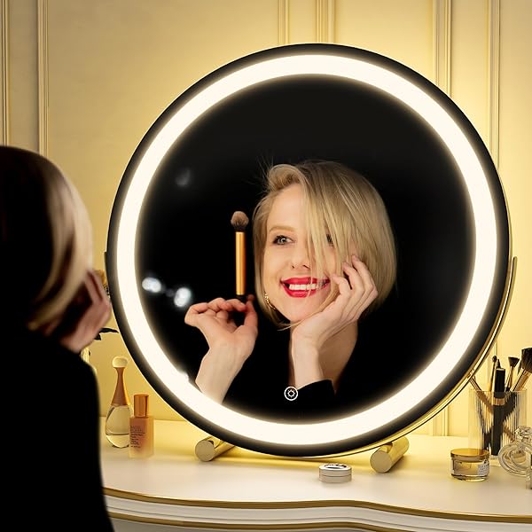 ROLOVE GOLD VANITY MIRROR, 18 INCH LIGHTED MAKEUP MIRROR WITH SMART TOUCH 3 COLORS DIMMABLE, TABLETOP, 360 ROTATION