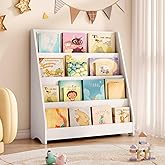 Tatub 4 Tier Kids Wooden Bookshelf, Toddler Sling Bookcase Montessori Bookshelf, Children Front Facing Book Shelf for Nursery, Playroom and Classroom, White