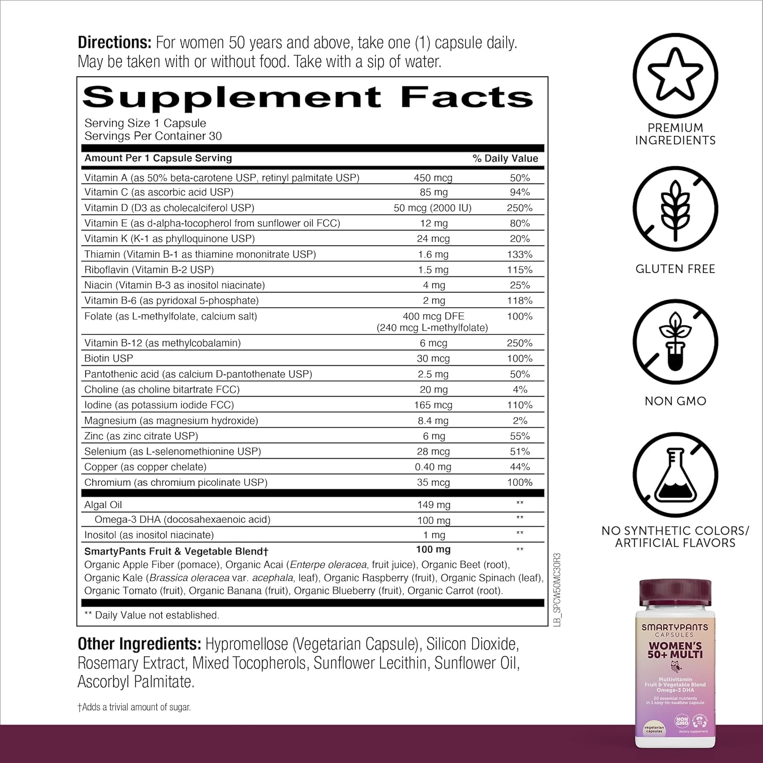 SmartyPants Multivitamin for Women 50+; Omega-3 DHA; Zinc for Immunity; Vitamins D3, C, B6; Biotin, Folate; Vitamin B12 for Energy; Vitamin A for Eyes; Vegetarian (30 Day Supply): Health & Personal Care